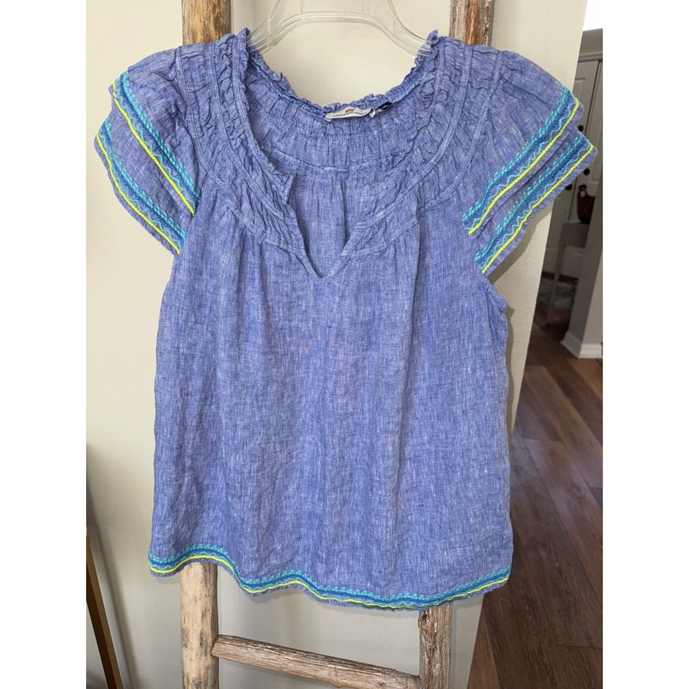 Women's‎ VINEYARD VINESCross Dyed Embroidered Linen Top In Marlin size M